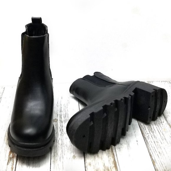 New Black Chelsea Elastic Round Toe Lug Heel Ankle Boots Booties - Picture 5 of 6